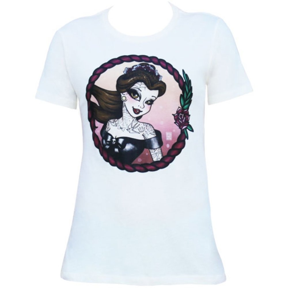 DISCONTINUED! Belle Beauty Custom Tattoo Art White Tee S-M-L-XL